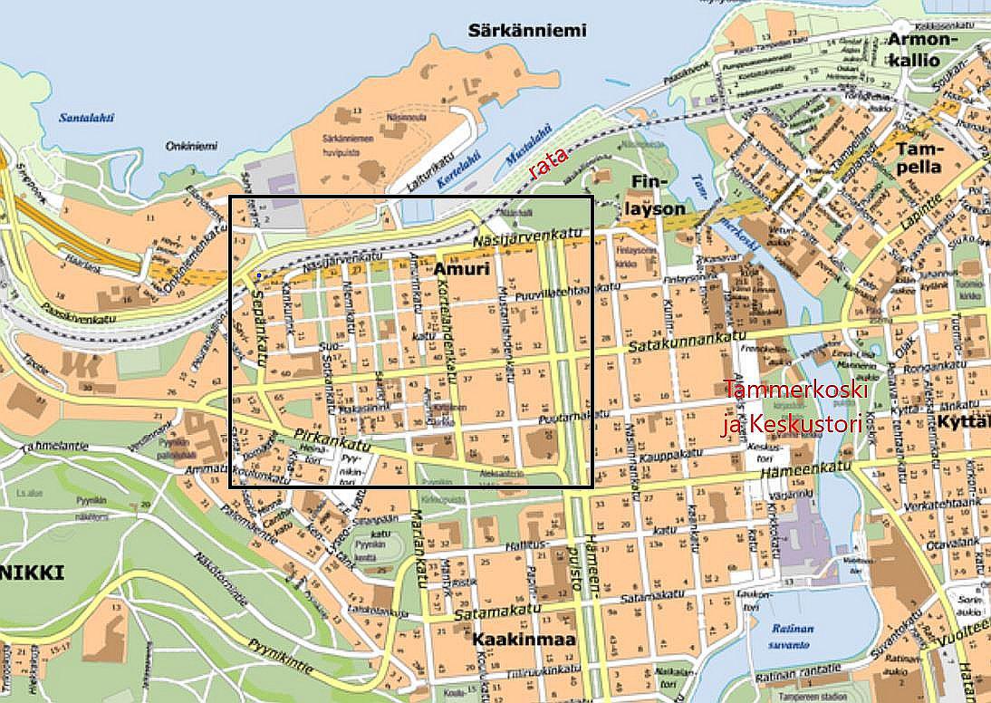 Tampereen keskusta-alueen kartta, jossa Amurin alue on rajattu.