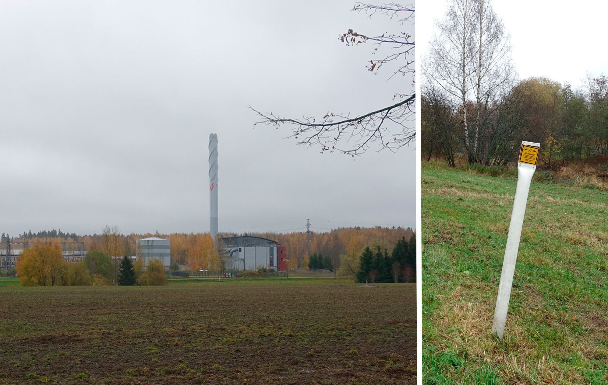 Yhdistetty kuva. Vasemmalla lämpövoimala peltomaisemassa. Oikealla maakaasuputken sijainnista kertova metallinen pylväs puiston nurmikolla.