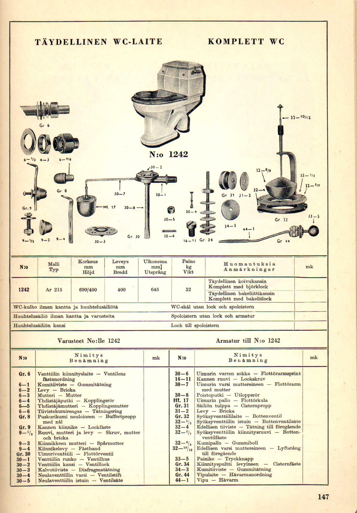 Täydellinen WC-laite osineen, Yleisluettelo 1952.