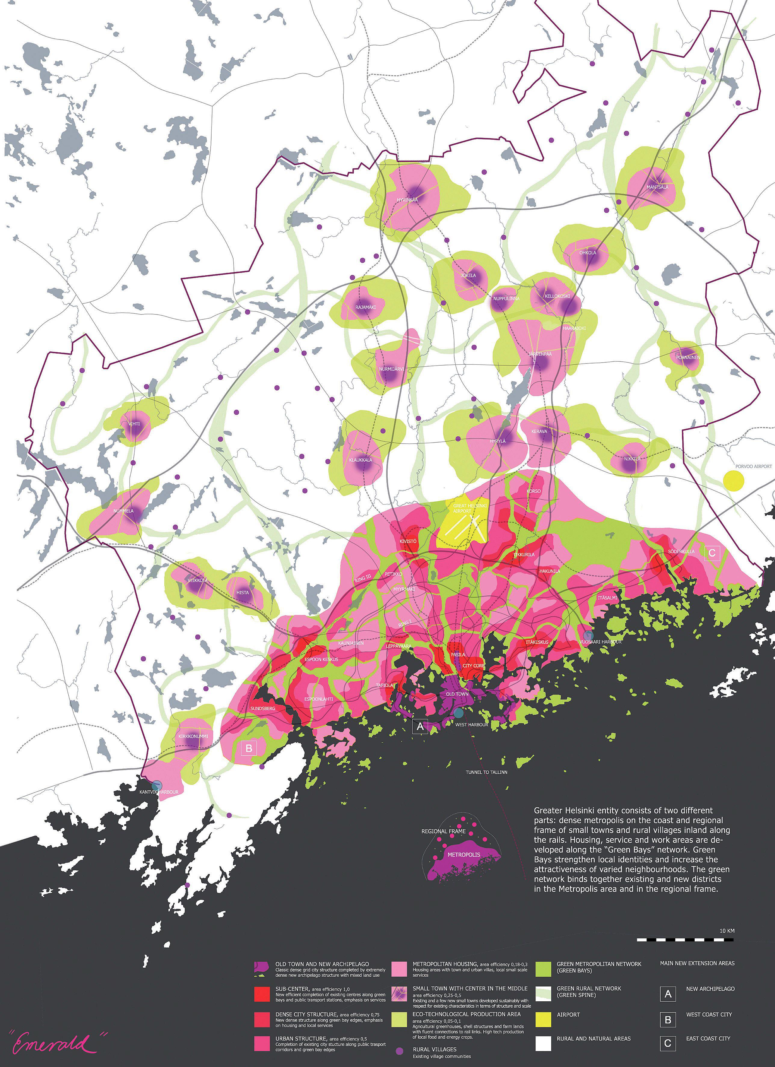 Väritetty seutusuunnitelmakartta Helsingin ympäristöstä n. 100 km säteellä.